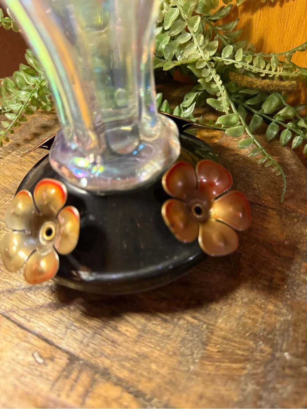 Iridescent Glass Hummingbird Feeder with Black Base